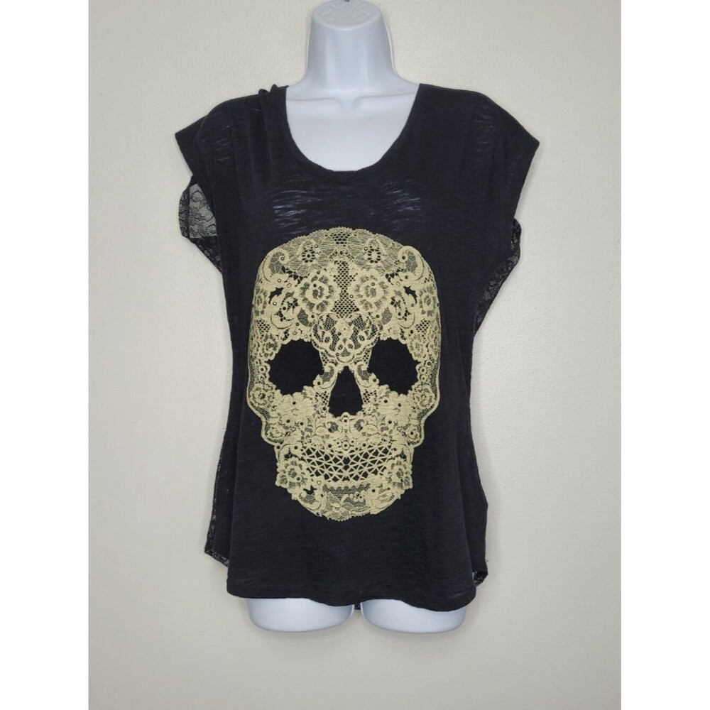 Express black lace skull emo grunge scene queen oversized short sleeve top M